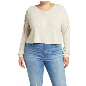 BP Nordstrom Womens Crop Henley Beige 1X Polyester Blend Oatmeal Heather